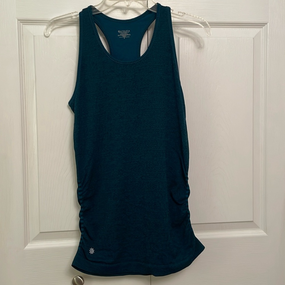 ATHLETA Athletic Racerback Tank Top Small Ruched Sides Heather Blue & Black